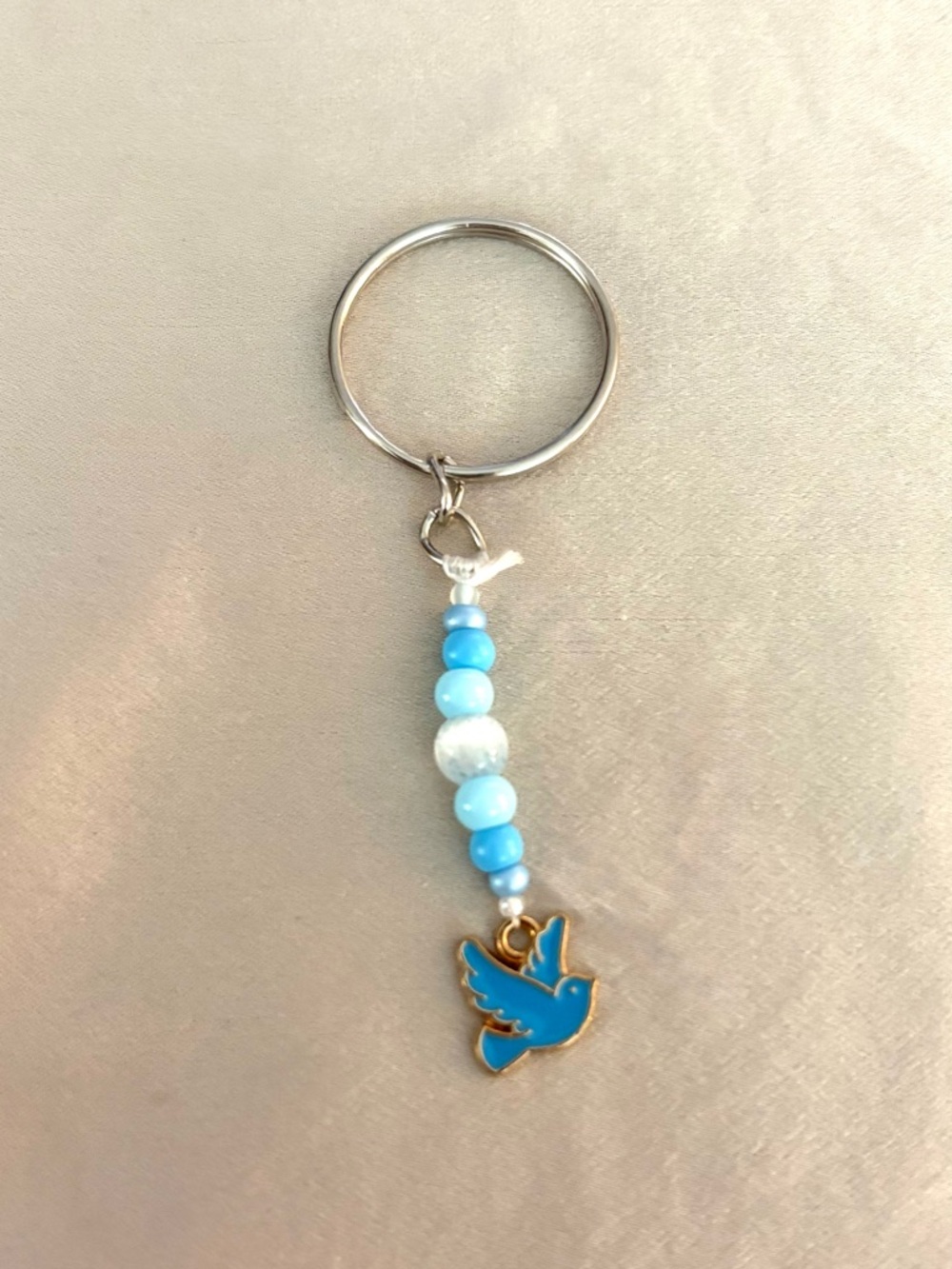 Blue Beaded Keychain with Dove Charm. Handmade. New.